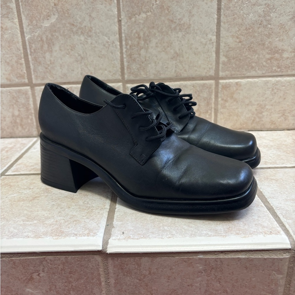 Black Lace-Up Block Heel Women's Shoes